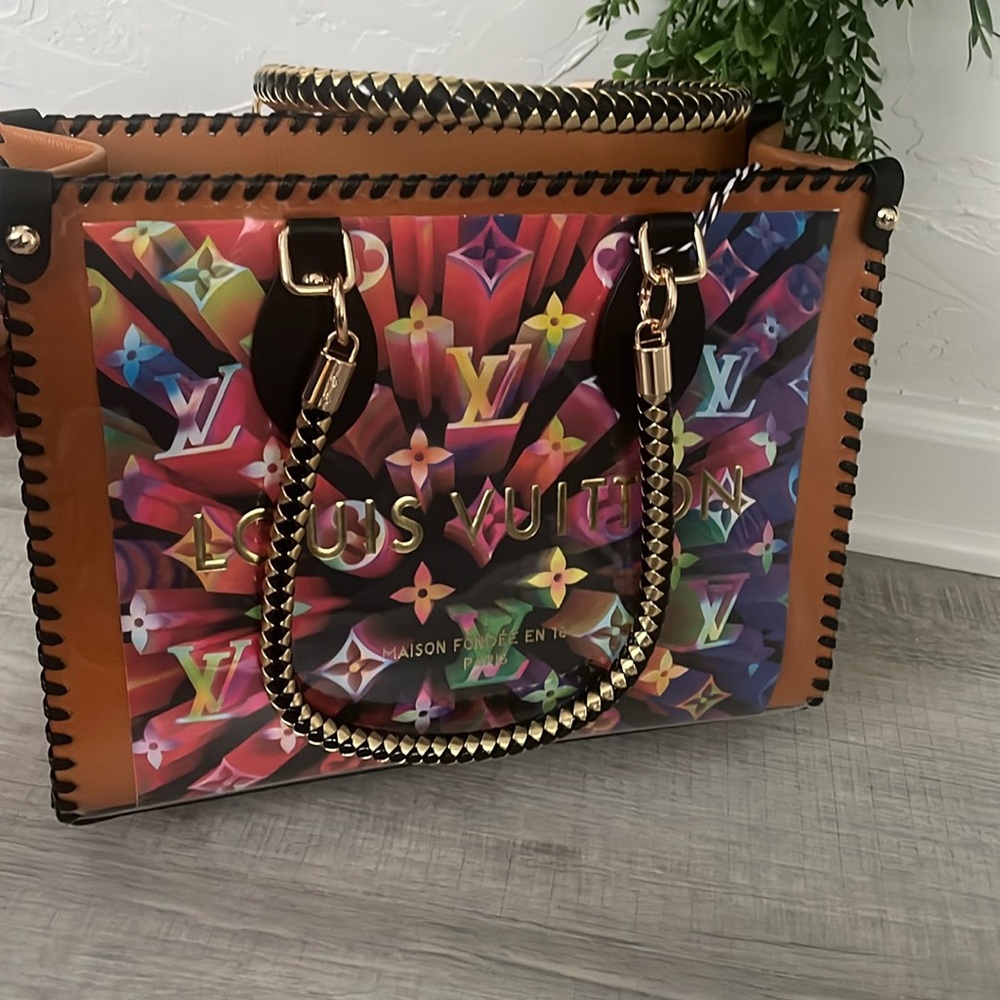 ReCycled LV Louis Vuitton rainbow colorful paper shopping bag gold tote purse